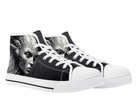 5. White Angle View: Alien Warrior High Tops in white at 45-degree angle showcasing pencil-drawn alien warrior artwork
