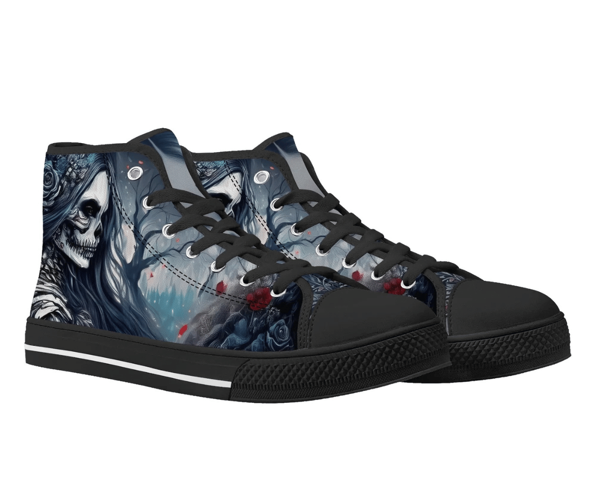 2. Black Angle View: Dark Rose Skeleton High Tops in black at 45-degree angle showcasing gothic skeleton portrait with dead tree
