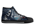 1. Black Side View: Dark Rose Skeleton High Tops in black showing side profile with skeletal woman and black roses in foggy setting
