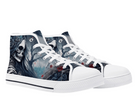 5. White Angle View: Dark Rose Skeleton High Tops in white at 45-degree angle showcasing gothic skeleton portrait with dead tree
