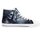 4. White Side View: Dark Rose Skeleton High Tops in white showing side profile with skeletal woman and black roses in foggy setting
