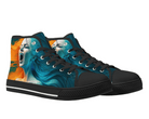 2. Black Angle View: Dual Tone Portrait High Tops in black at 45-degree angle showcasing artistic dual-colored portrait artwork
