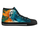 1. Black Side View: Dual Tone Portrait High Tops in black showing side profile with blue and orange split-colored portrait
