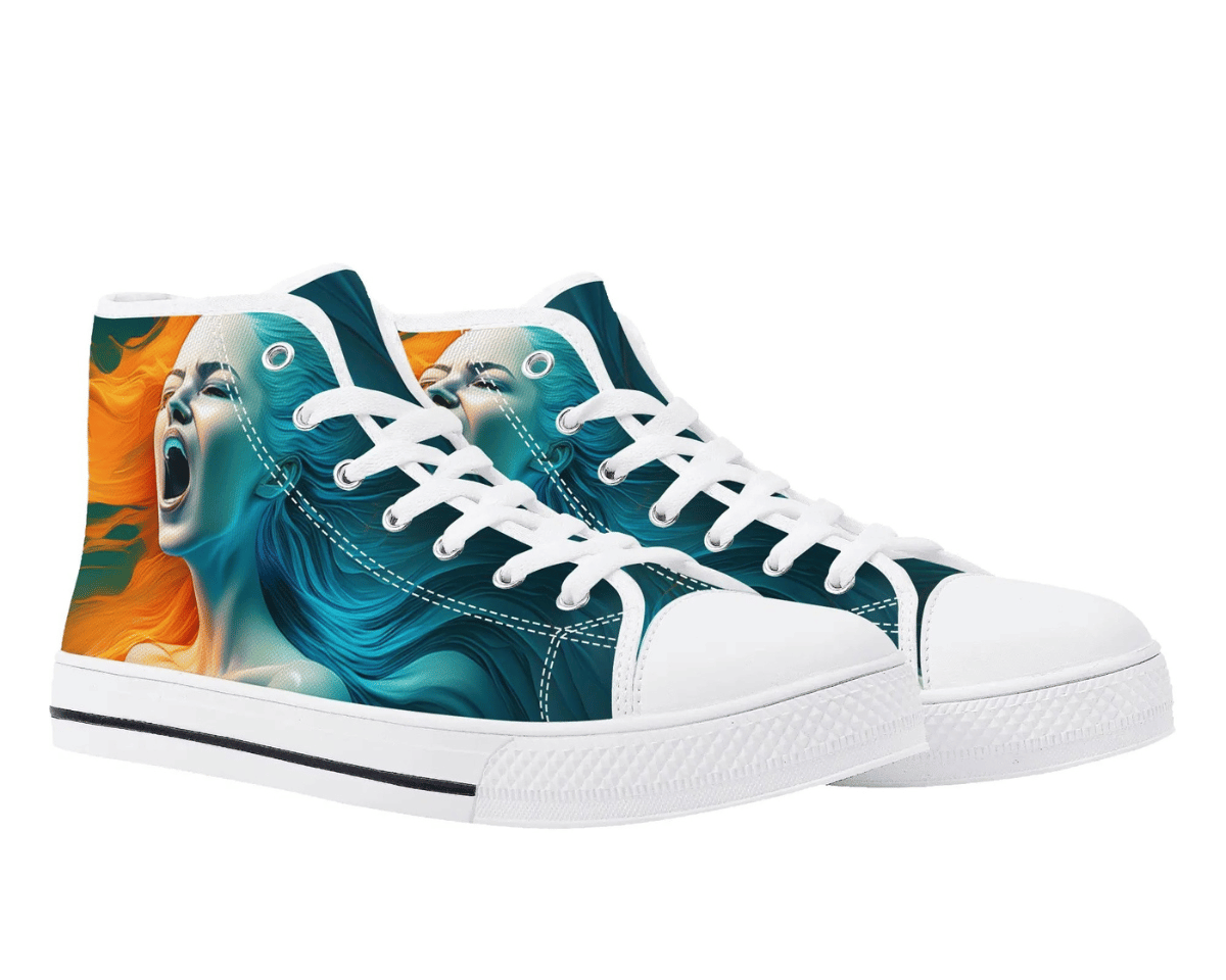 5. White Angle View: Dual Tone Portrait High Tops in white at 45-degree angle showcasing artistic dual-colored portrait artwork
