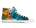4. White Side View: Dual Tone Portrait High Tops in white showing side profile with blue and orange split-colored portrait
