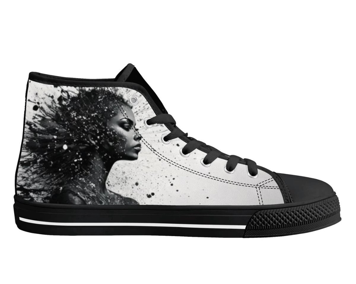 1. Black Side View: Fracture Portrait II High Tops in black showing side profile with realistic face disintegrating in monochrome
