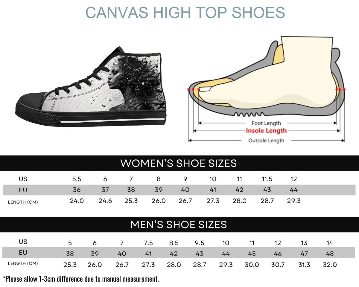 3. Black Size Chart: Size chart for Fracture Portrait II High Tops showing men's and women's size conversions
