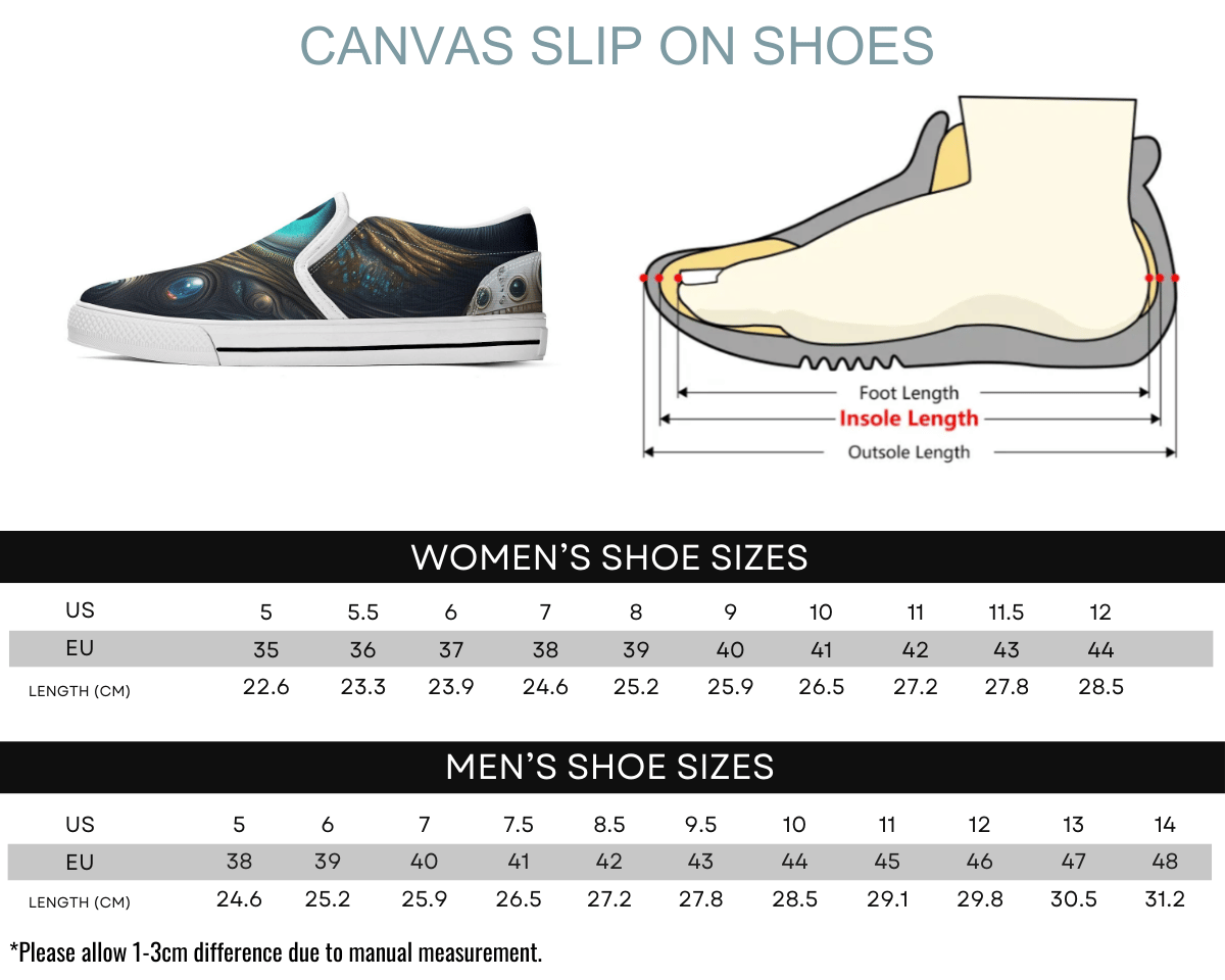 11. White Size Chart: Size chart for Galactic Eye Slip-Ons showing men's and women's size conversions
