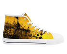 White Side View: Grunge Splash High Tops in white showing side profile with black and yellow paint splatter design