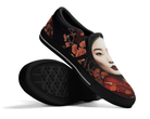 Showcase Black: Hanami Portrait Slip-Ons in black at showcase angle featuring classical Asian artwork
