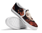 Showcase White: Hanami Portrait Slip-Ons in white at showcase angle featuring classical Asian artwork
