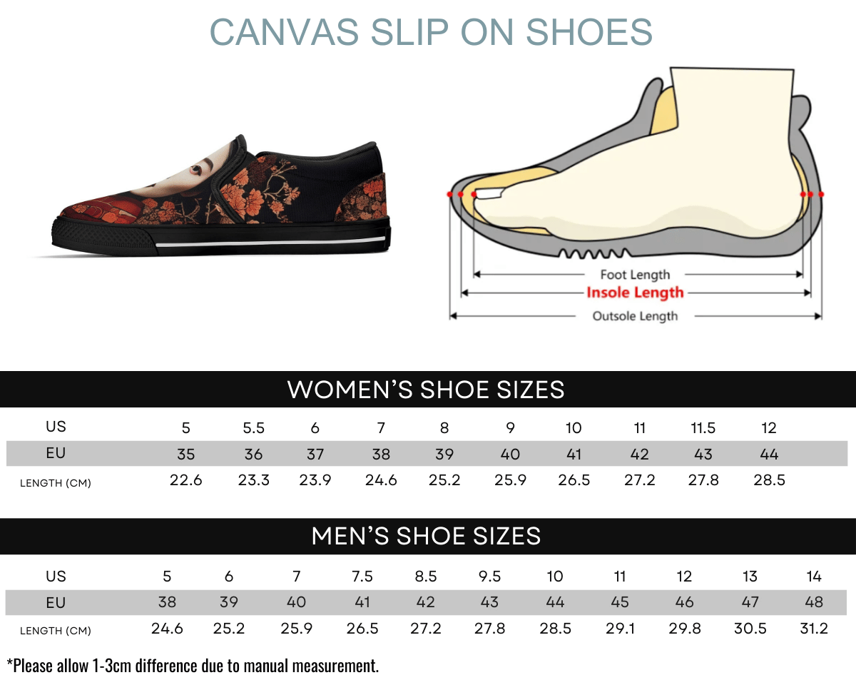 Size Chart Black: Size chart for Hanami Portrait Slip-Ons showing men's and women's size conversions
