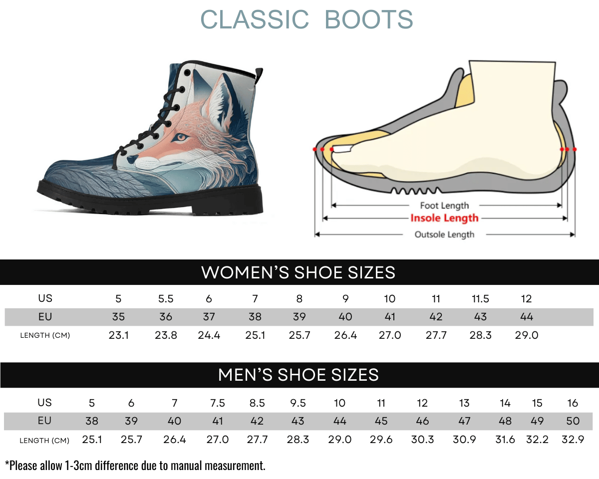 4. Size Chart: Size chart for Misty Fox Classic Boots showing men's and women's size conversions