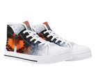 Monarch Butterfly High Tops in white at 45-degree angle showcasing monarch butterfly design with contrasting background