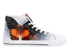 Monarch Butterfly High Tops in white showing side profile with detailed butterfly against gray and black background