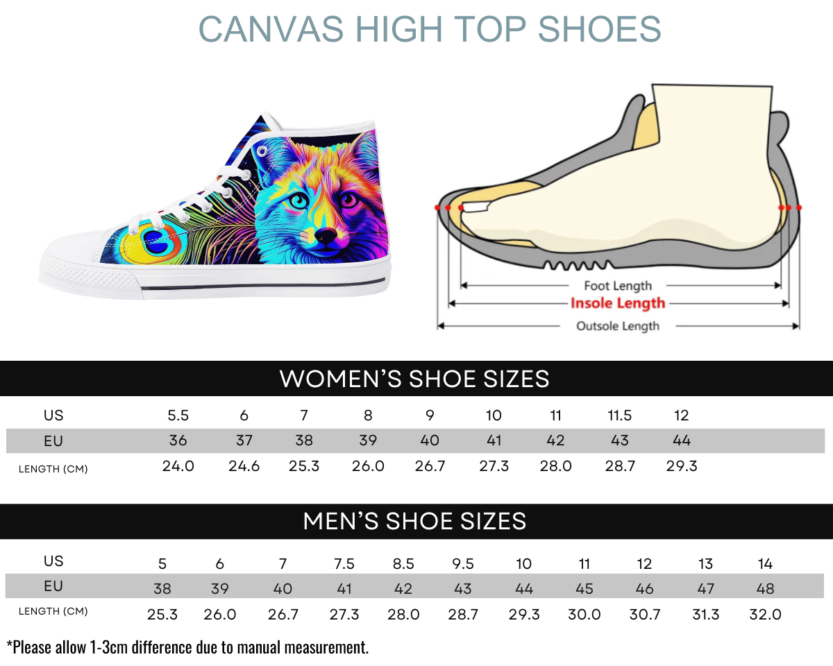 6. White Size Chart: Size chart for Neon Aquafox High Tops showing men's and women's size conversions
