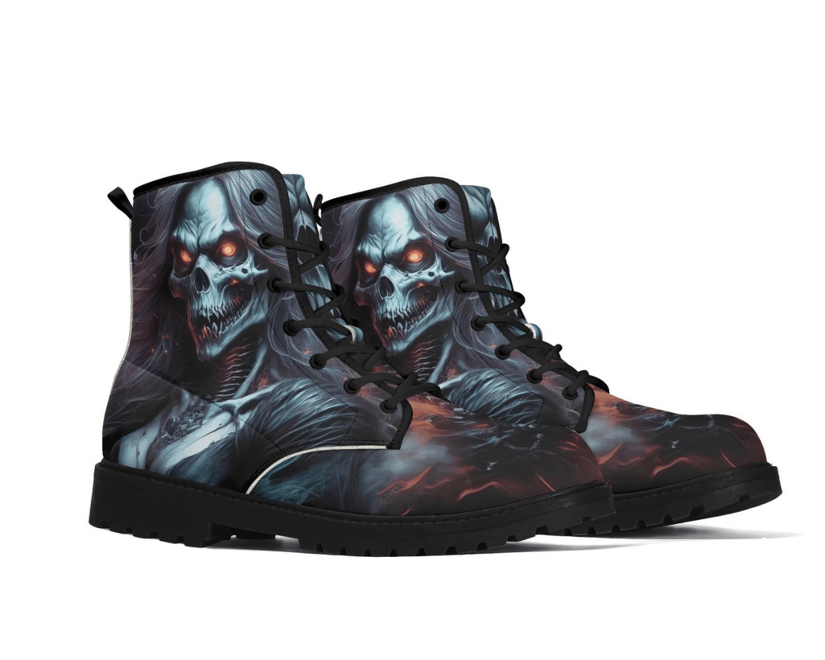 2. Angle View: Neon Necromancer Classic Boots at 45-degree angle showcasing ethereal blue highlights and fiery background

