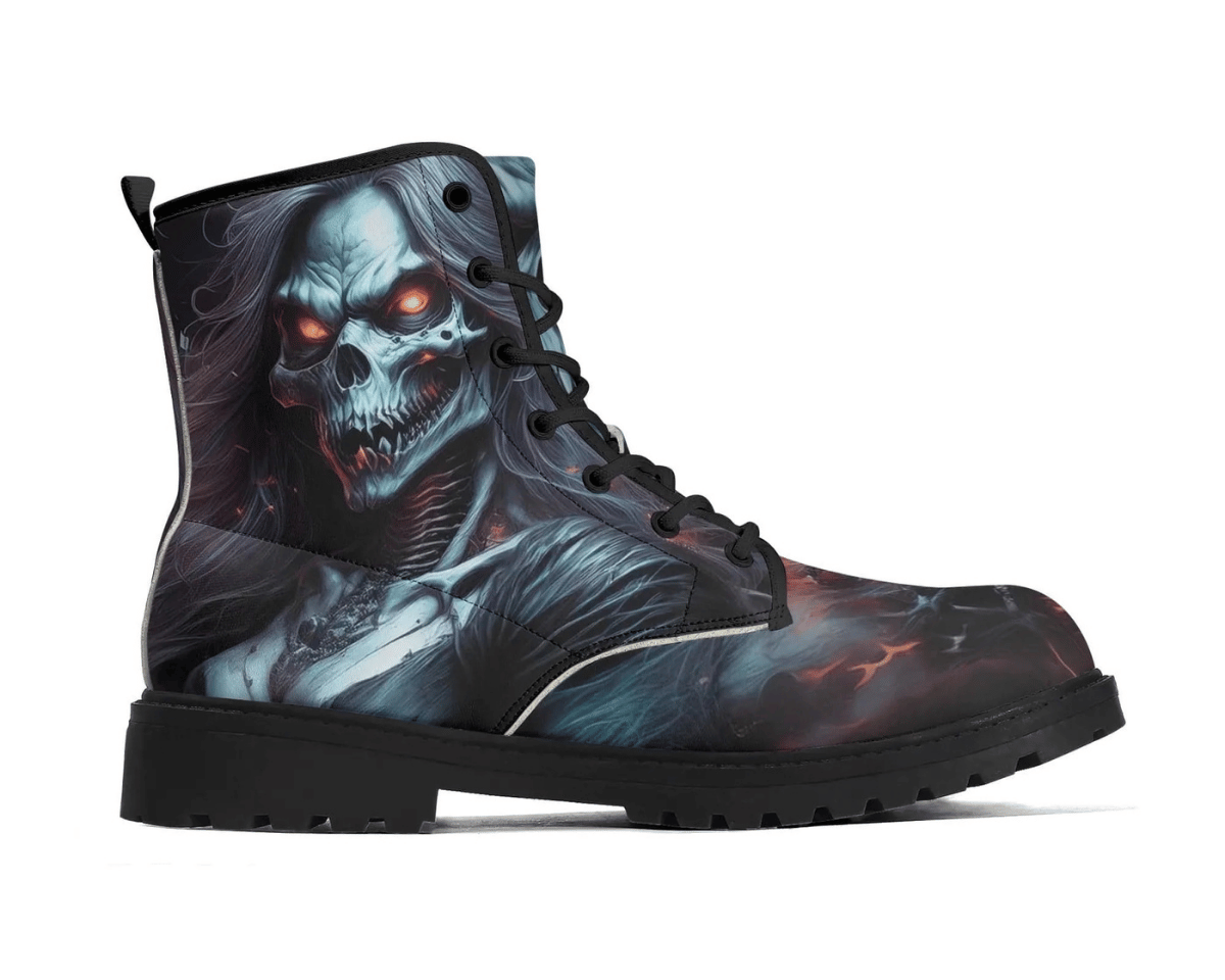 1. Side View: Neon Necromancer Classic Boots showing side profile with gothic female skeleton design and glowing orange eyes
