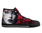 1. Black Side View: Overgrown Beauty High Tops in black showing side profile with monochromatic face and climbing vines against red background
