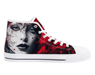 4. White Side View: Overgrown Beauty High Tops in white showing side profile with monochromatic face and climbing vines against red background
