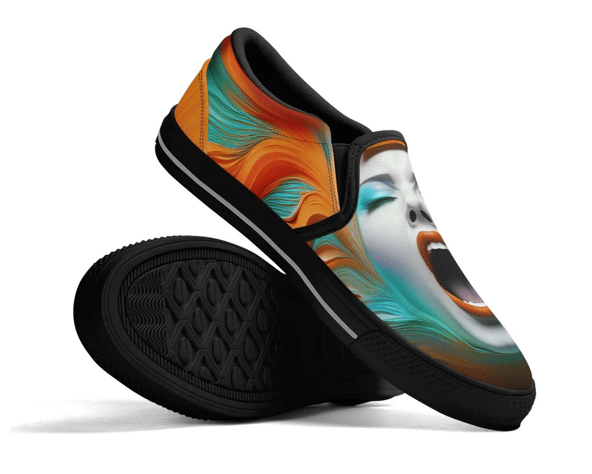 3. Black Showcase View: Psychedelic Scream Slip-Ons in black at showcase angle featuring expressive portrait artwork
