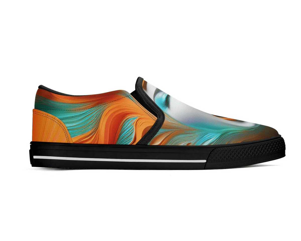 2. Black Side View: Psychedelic Scream Slip-Ons in black showing side profile with dramatic face and blue-orange design
