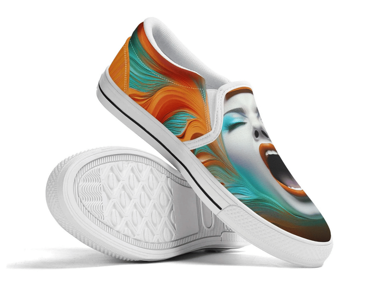 7. White Showcase View: Psychedelic Scream Slip-Ons in white at showcase angle featuring expressive portrait artwork
