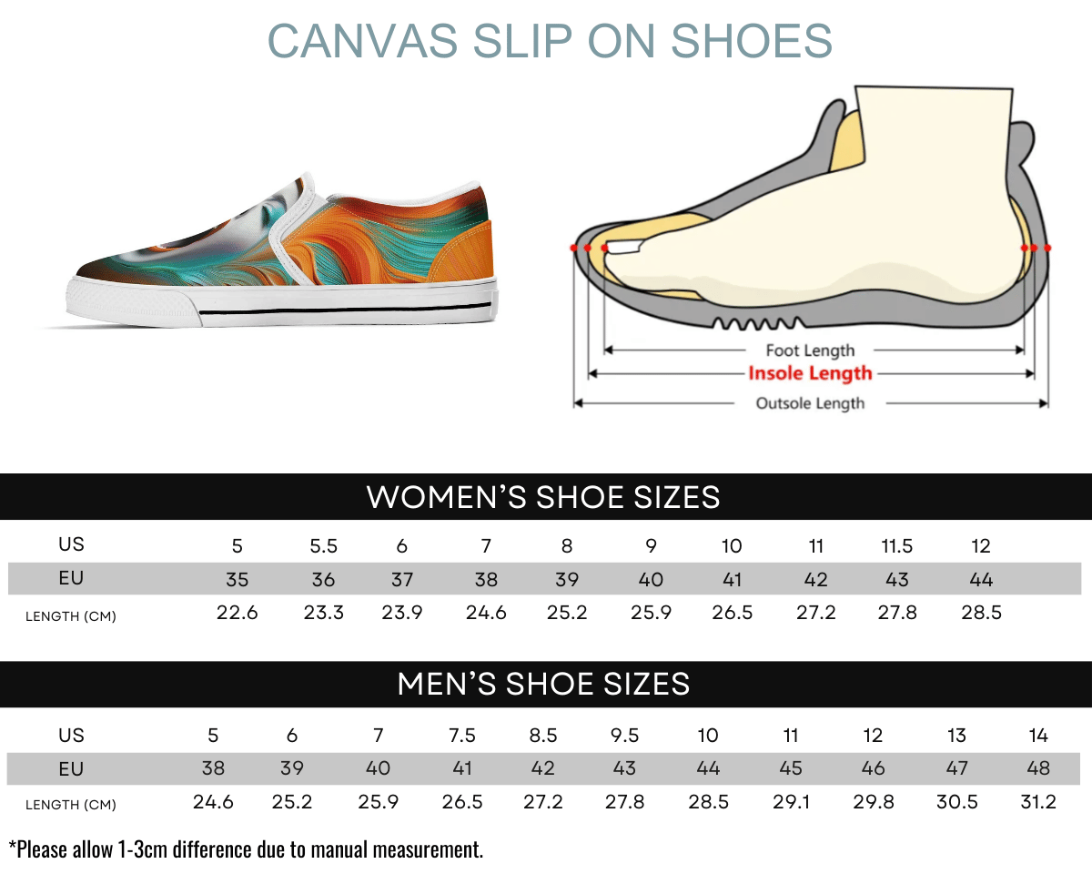 8. White Size Chart: Size chart for Psychedelic Scream Slip-Ons showing men's and women's size conversions
