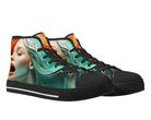 2. Black Angle View: Rainbow Portrait High Tops in black at 45-degree angle showcasing vibrant painted portrait design
