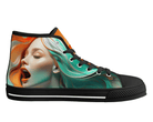 1. Black Side View: Rainbow Portrait High Tops in black showing side profile with artistic woman portrait and multicolored hair
