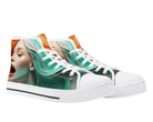 5. White Angle View: Rainbow Portrait High Tops in white at 45-degree angle showcasing vibrant painted portrait design
