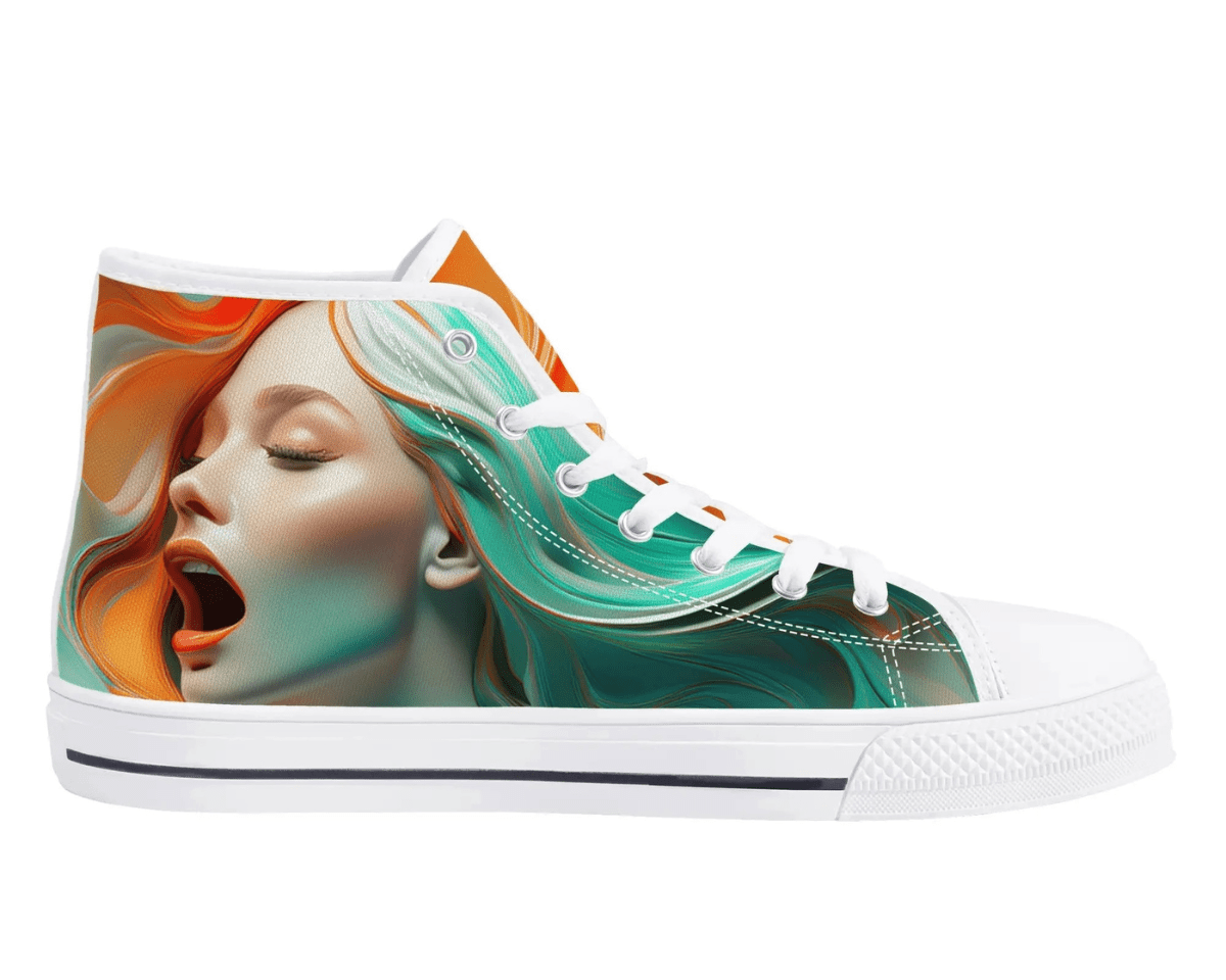 4. White Side View: Rainbow Portrait High Tops in white showing side profile with artistic woman portrait and multicolored hair
