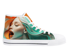 4. White Side View: Rainbow Portrait High Tops in white showing side profile with artistic woman portrait and multicolored hair

