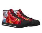 2. Black Angle View: Red Ariel High Tops in black at 45-degree angle showcasing fiery portrait artwork
