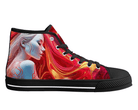 1. Black Side View: Red Ariel High Tops in black showing side profile with red and gold portrait design

