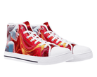 5. White Angle View: Red Ariel High Tops in white at 45-degree angle showcasing fiery portrait artwork
