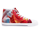 4. White Side View: Red Ariel High Tops in white showing side profile with red and gold portrait design
