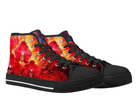2. Black Angle View: Red Starburst Blossoms High Tops in black at 45-degree angle showcasing dramatic floral burst artwork
