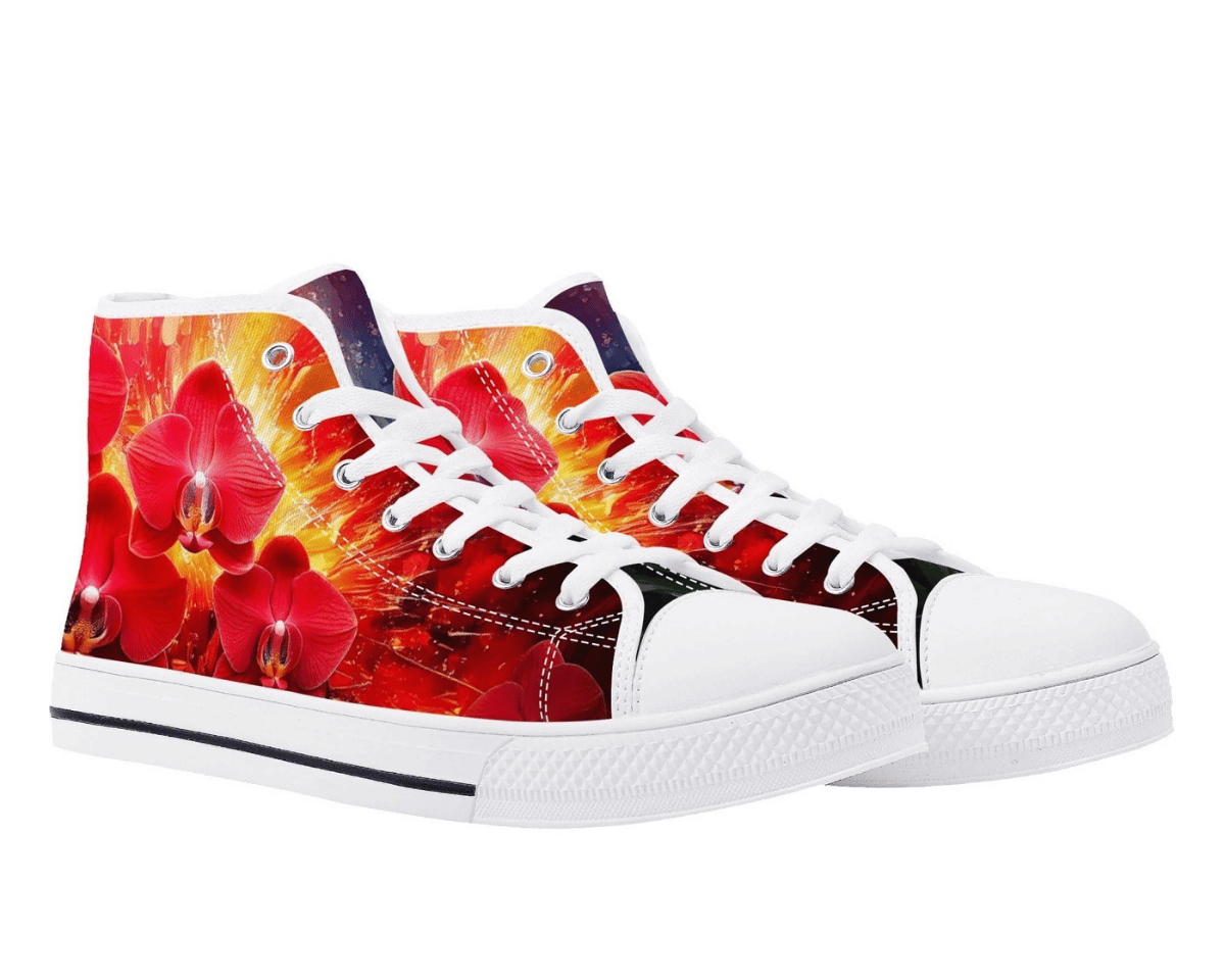 5. White Angle View: Red Starburst Blossoms High Tops in white at 45-degree angle showcasing dramatic floral burst artwork
