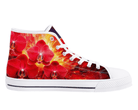 4. White Side View: Red Starburst Blossoms High Tops in white showing side profile with red flowers and radiant burst design
