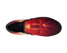 Black Top View: Sunburst Bloom Slip-Ons in black showing top-down view with dramatic red flower and orange center

