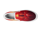 White Top View: Sunburst Bloom Slip-Ons in white showing top-down view with dramatic red flower and orange center
