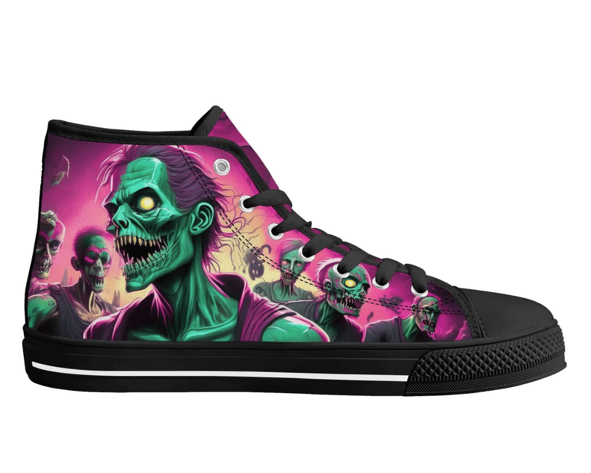 Black Side View: Surreal Zombie Herd High Tops in black showing side profile with colorful cartoon zombie crowd design
