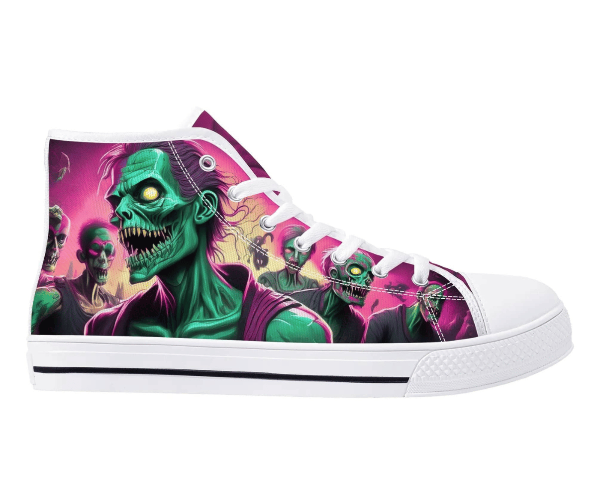 White Side View: Surreal Zombie Herd High Tops in white showing side profile with colorful cartoon zombie crowd design
