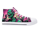 White Side View: Surreal Zombie Herd High Tops in white showing side profile with colorful cartoon zombie crowd design
