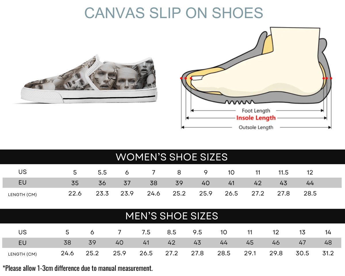 8. White Size Chart: Size chart for Undead Collective Slip-Ons showing men's and women's size conversions
