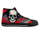 1. Black Side View: Vector Skull High Tops in black showing side profile with screen print style skull in red and black
