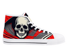 4. White Side View: Vector Skull High Tops in white showing side profile with screen print style skull in red and black
