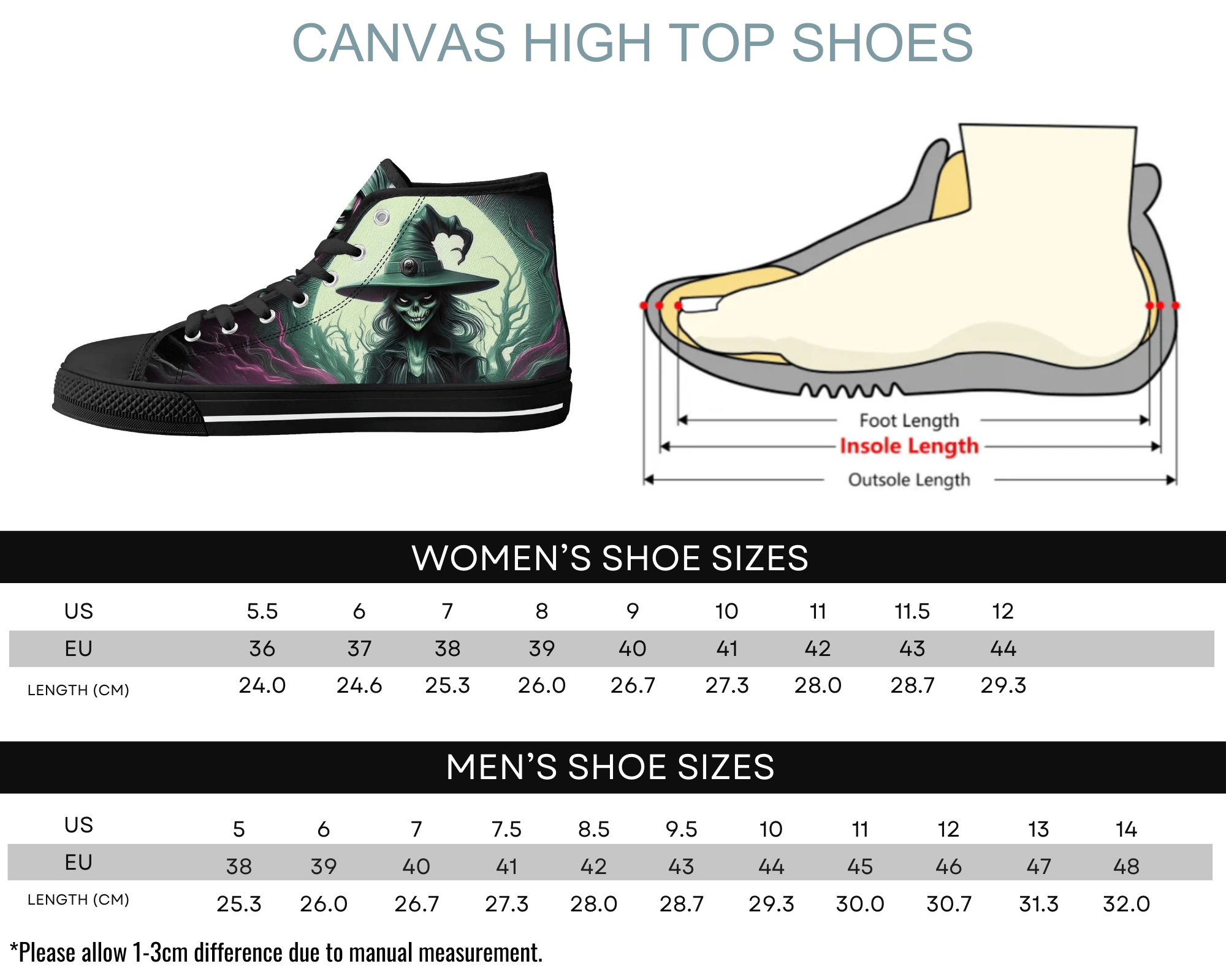 Size chart for Witching Hour High Tops showing men's and women's size conversions