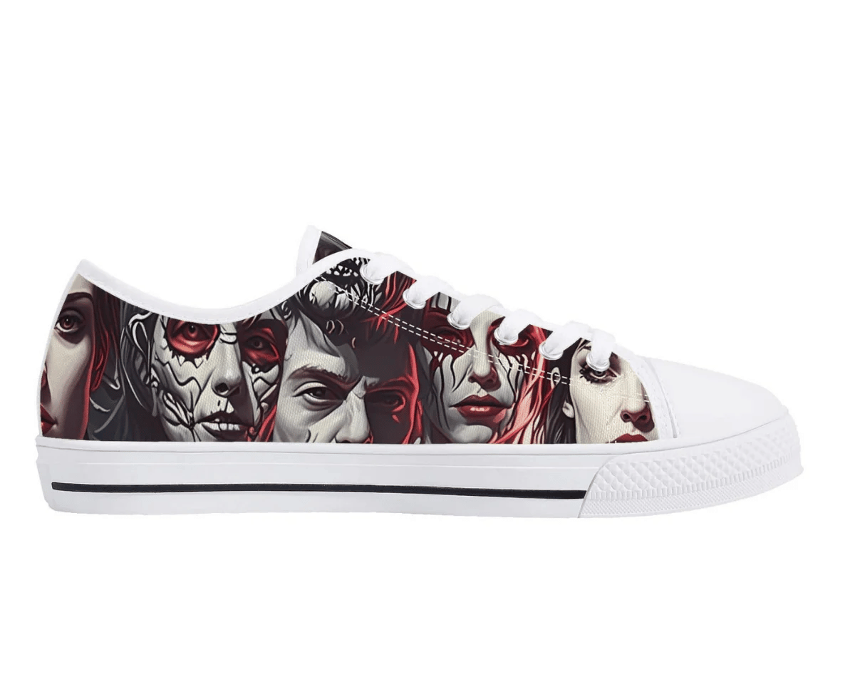 4. White Side View: Zombie Horde Low Tops in white showing side profile with realistic zombie face pattern
